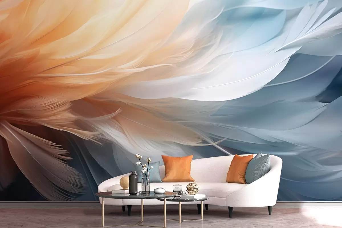 Papier peint Plumes délicates dans des tons dégradés d'orange et de bleu w09282