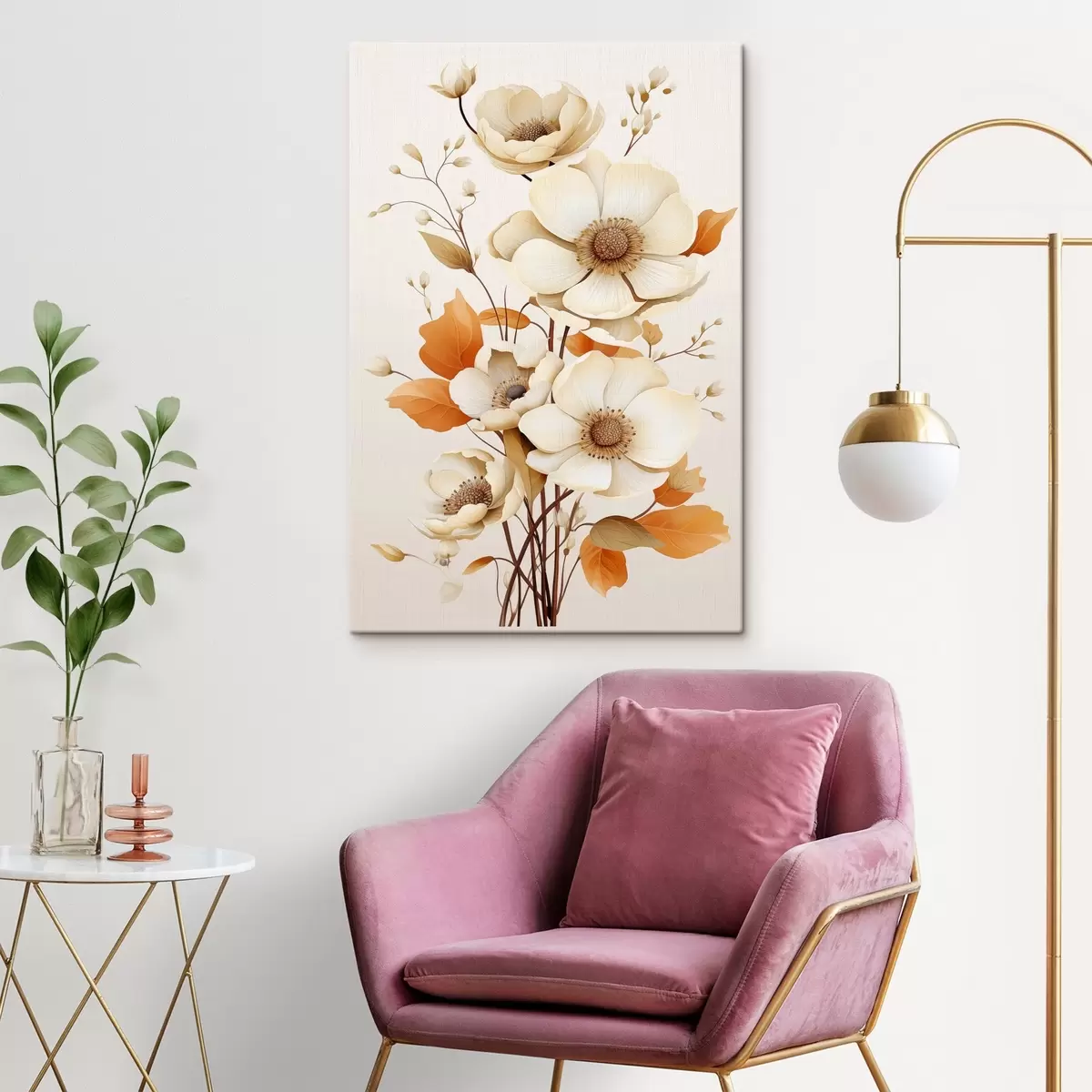 Tableau Fleurs légères sur fond beige s44549