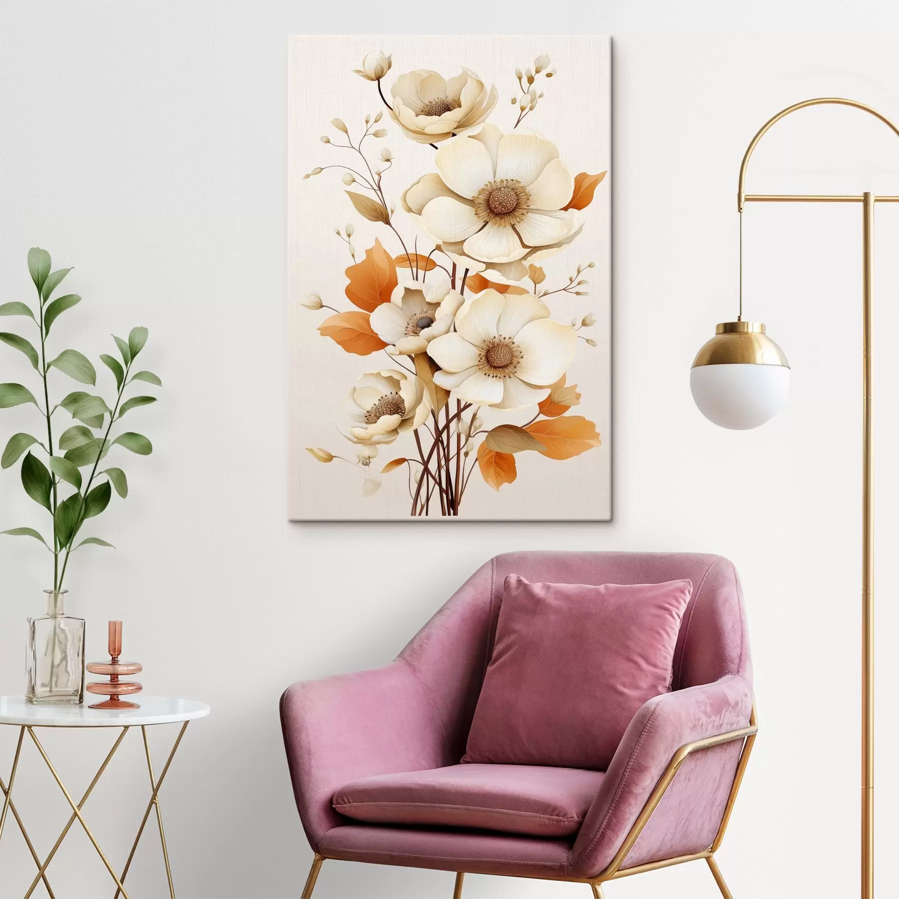 Tableau Fleurs légères sur fond beige s44549
