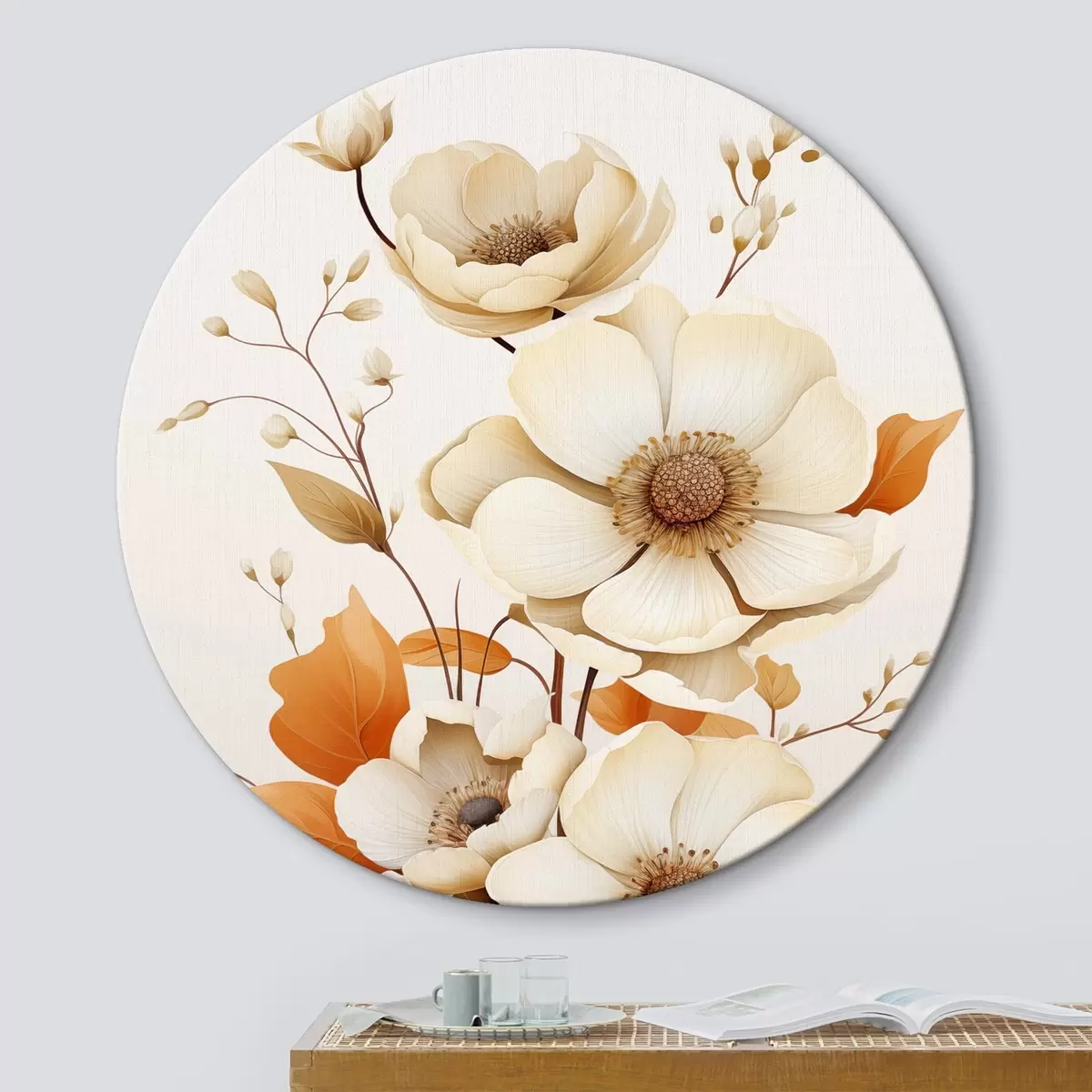 Tableaux rondes Fleurs légères sur fond beige r44549