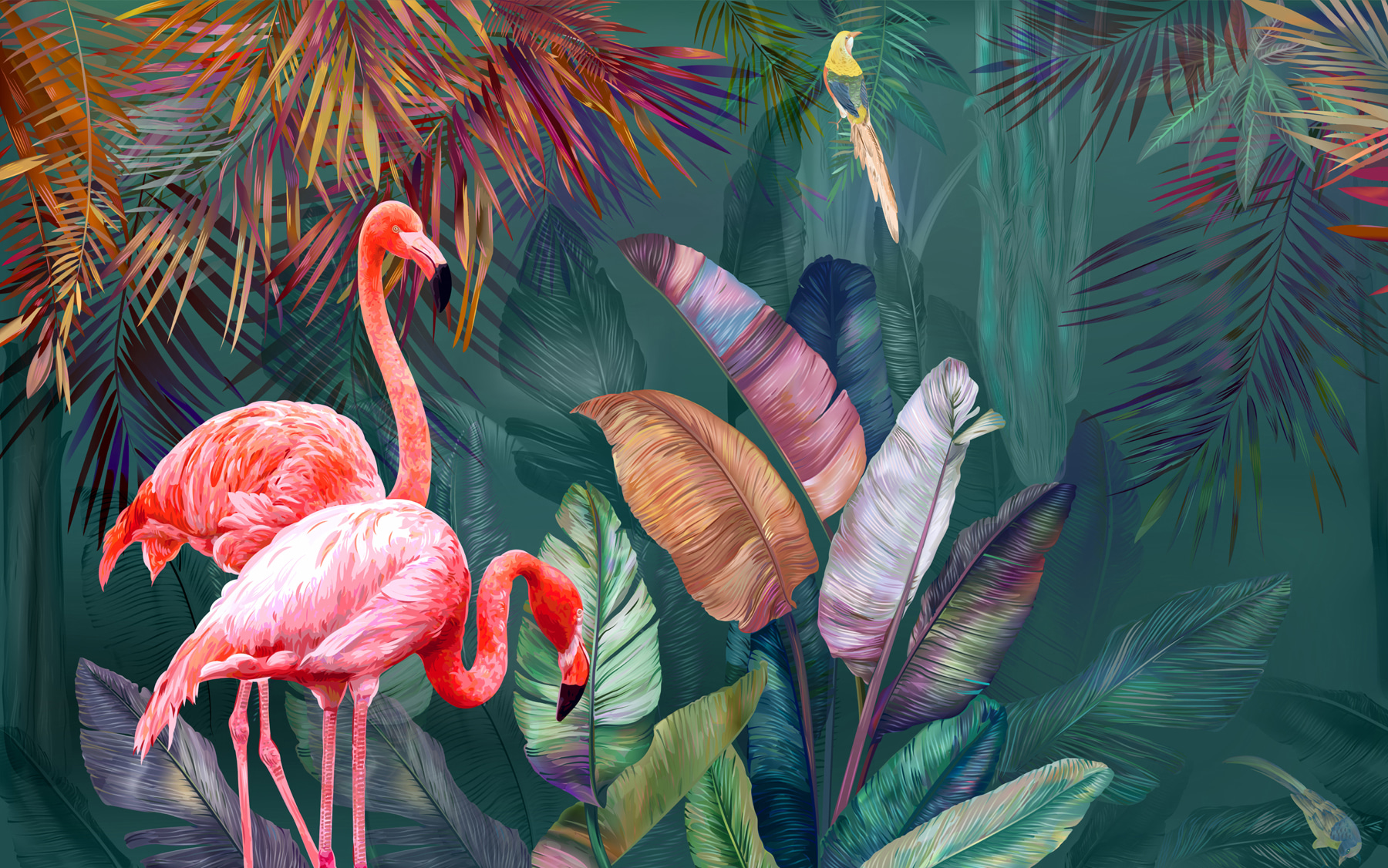 Broche Flamant Rose En Cristal Et émail Vert - Motif Tropical Avec Palmier, Plage, Oiseau - Neuf Sans Emballage