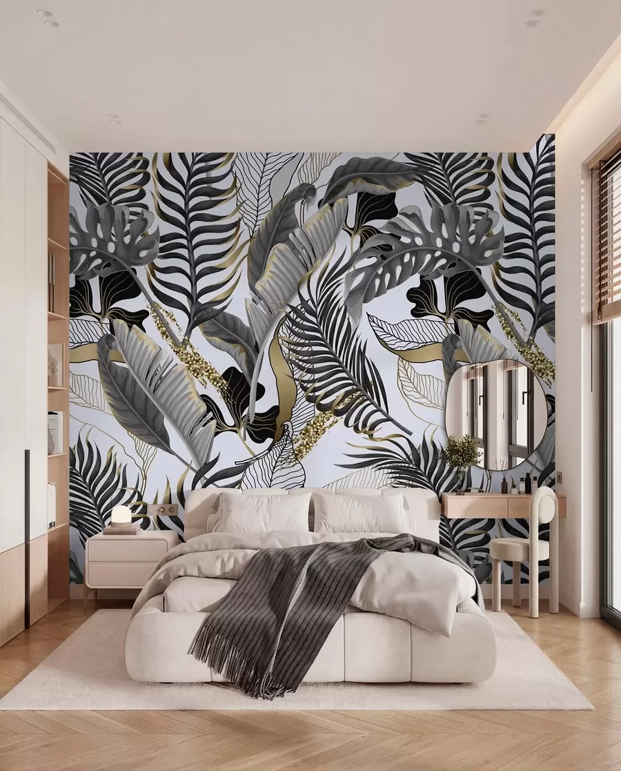 Papier peint Feuilles tropicales grises sur fond blanc u71888