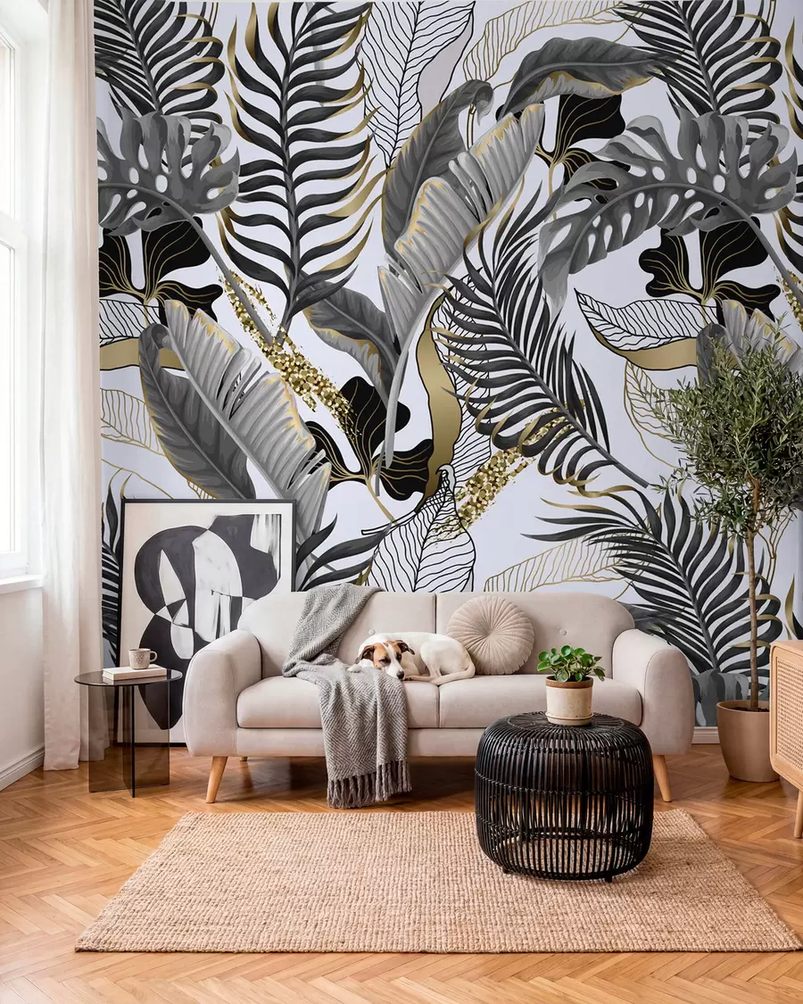 Papier peint Feuilles tropicales grises sur fond blanc u71888