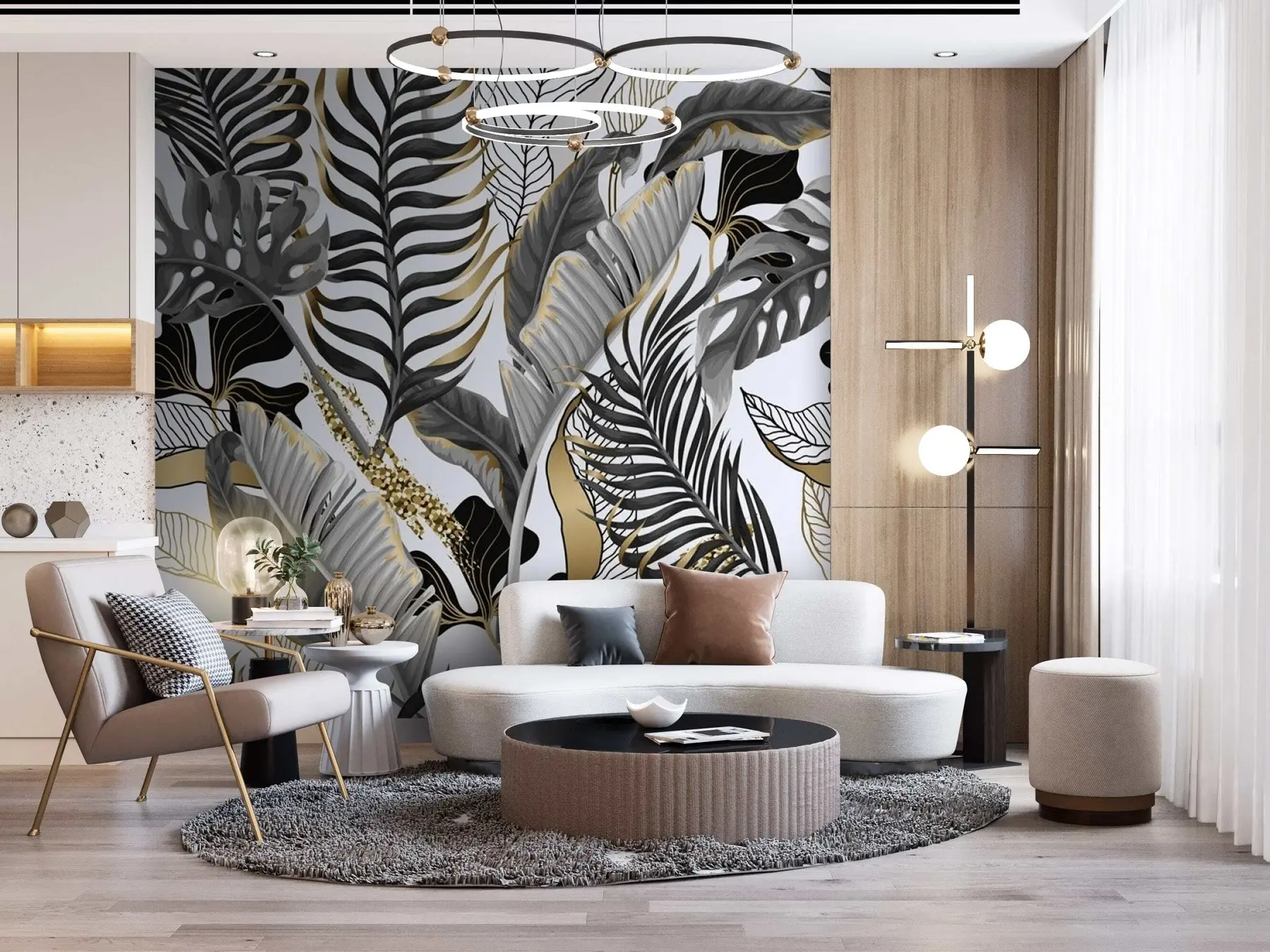 Papier peint Feuilles tropicales grises sur fond blanc u71888