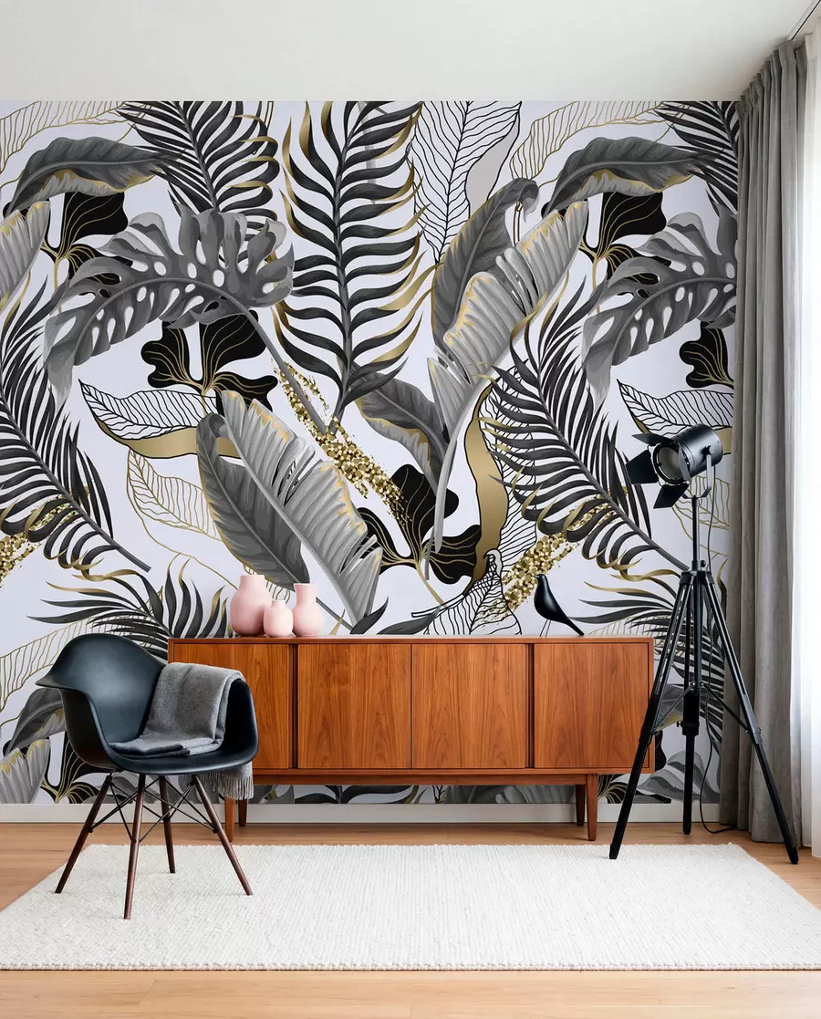 Papier peint Feuilles tropicales grises sur fond blanc u71888