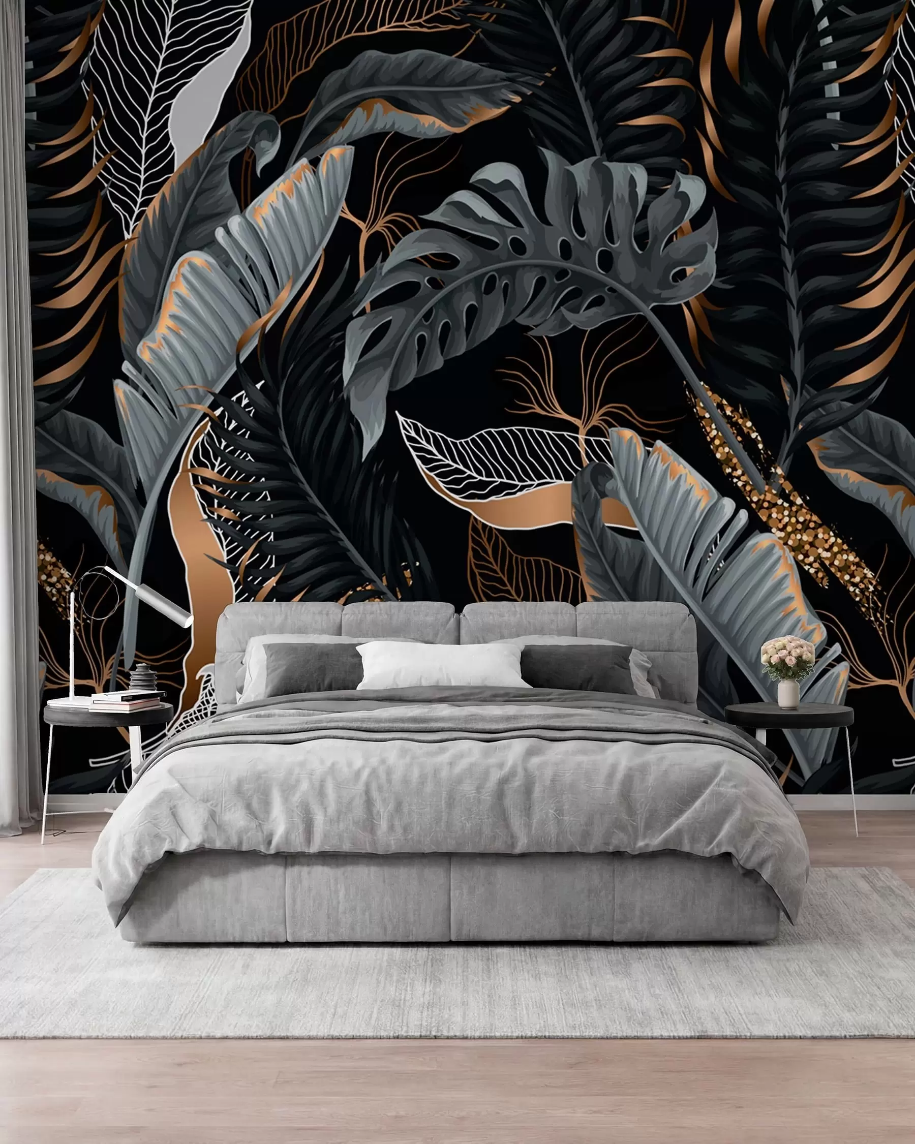 Papier peint Feuillage tropical sur fond noir u71889