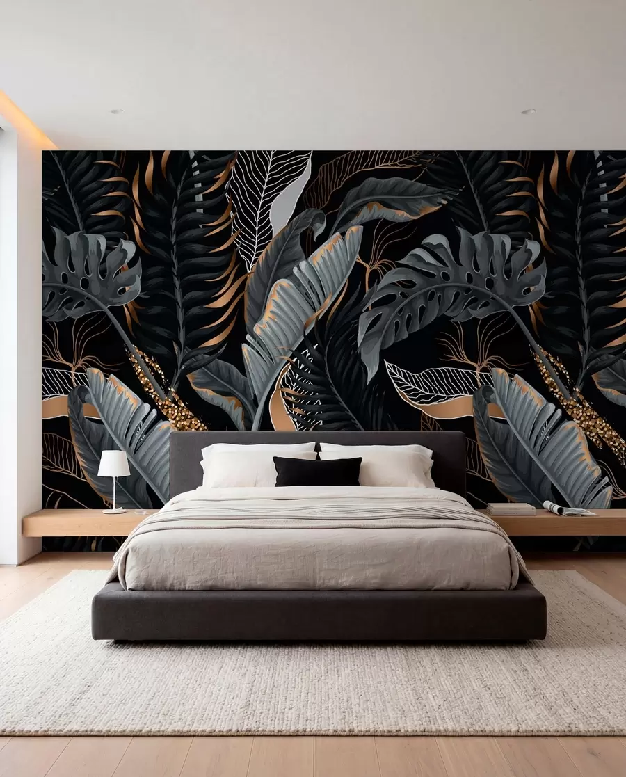 Papier peint Feuillage tropical sur fond noir u71889