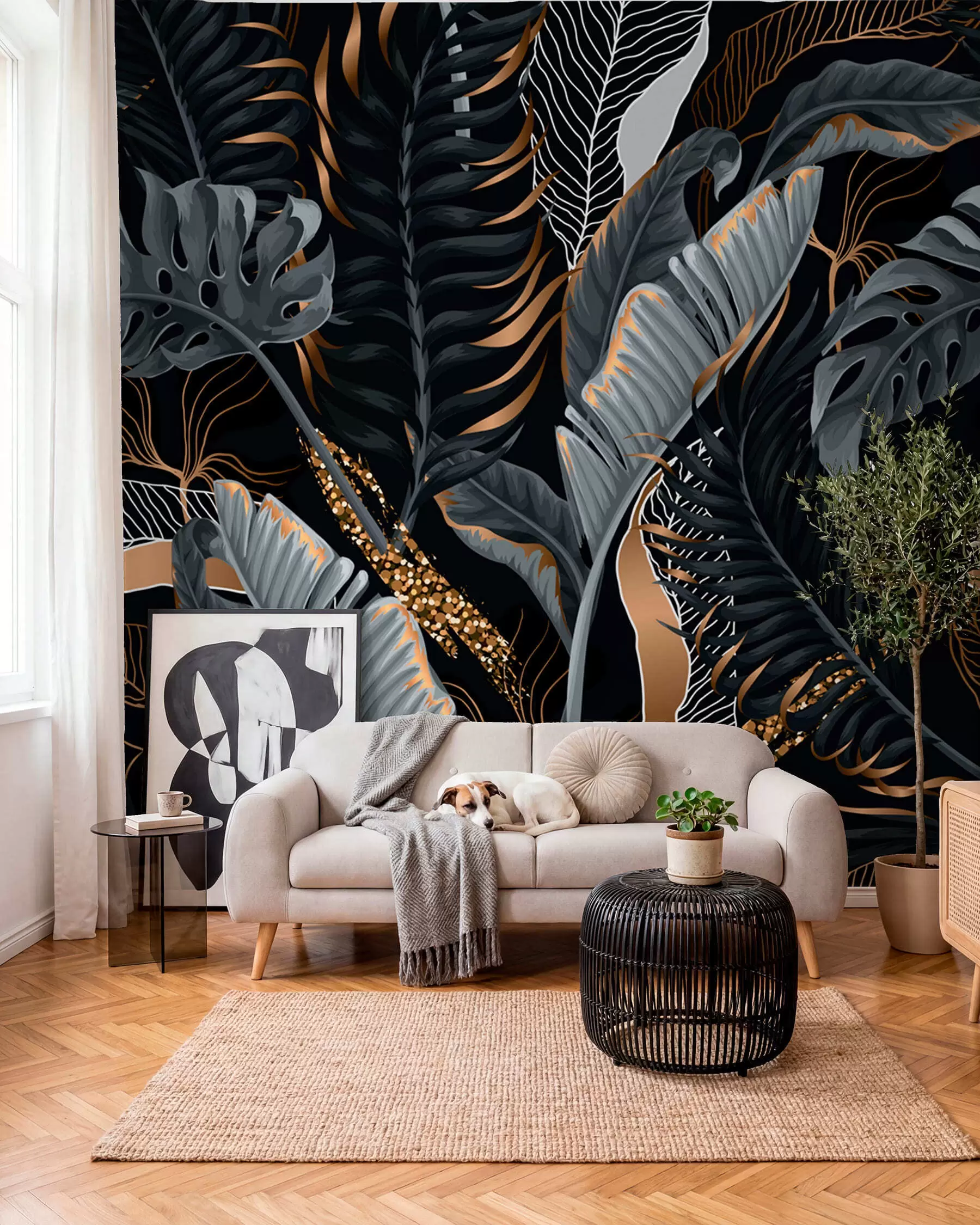 Papier peint Feuillage tropical sur fond noir u71889