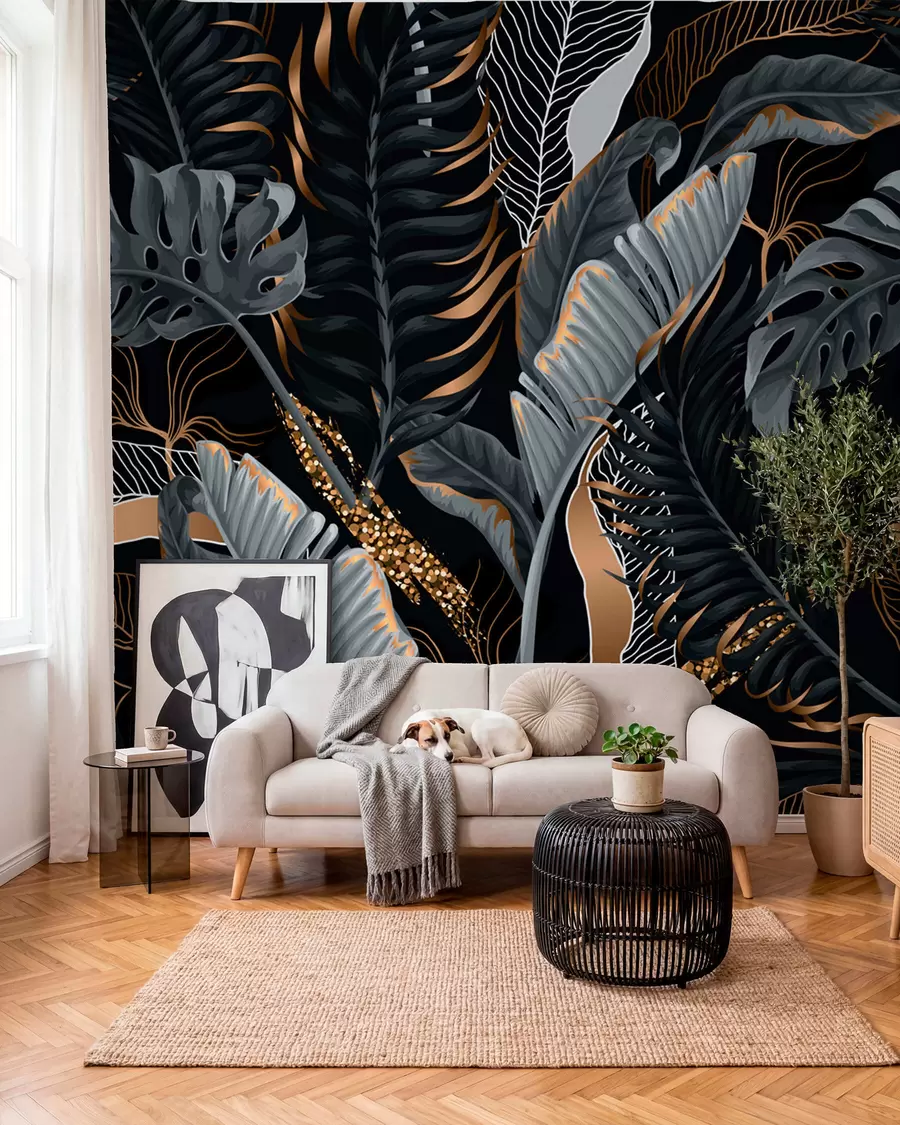 Papier peint Feuillage tropical sur fond noir u71889