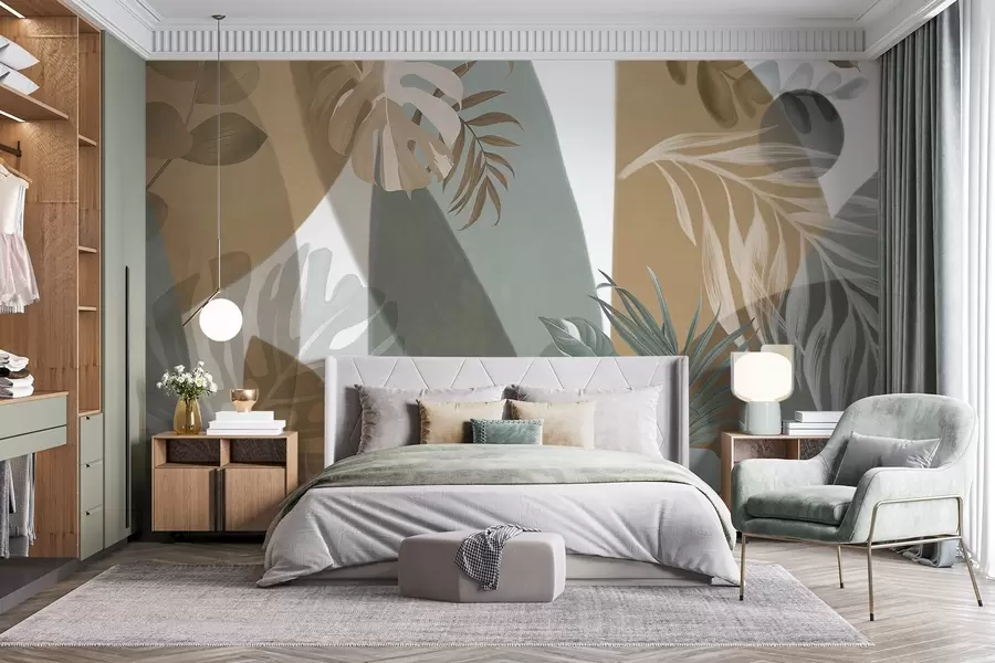 Papier peint Feuilles de monstera et feuilles de palmier dans un motif aux couleurs brunes, blanches et vertes, ambiance tropicale, formes abstraites, décoratif w09288