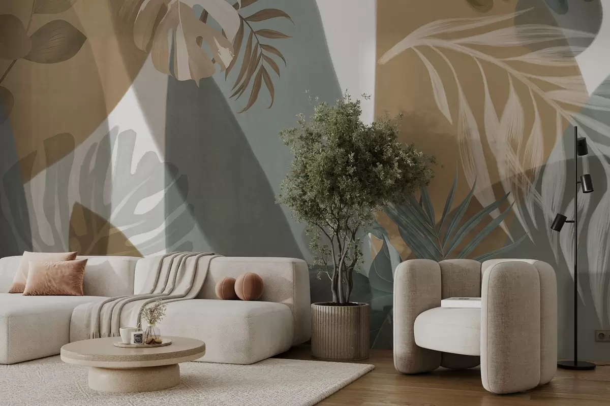 Papier peint Feuilles de monstera et feuilles de palmier dans un motif aux couleurs brunes, blanches et vertes, ambiance tropicale, formes abstraites, décoratif w09288