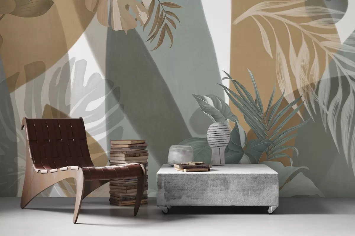 Papier peint Feuilles de monstera et feuilles de palmier dans un motif aux couleurs brunes, blanches et vertes, ambiance tropicale, formes abstraites, décoratif w09288