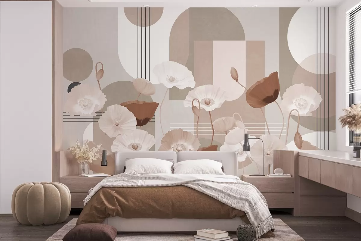Papier peint Coquelicots en blanc et beige avec des formes géométriques en arrière-plan, des cercles et des arcs, style minimaliste, couleurs douces w09289