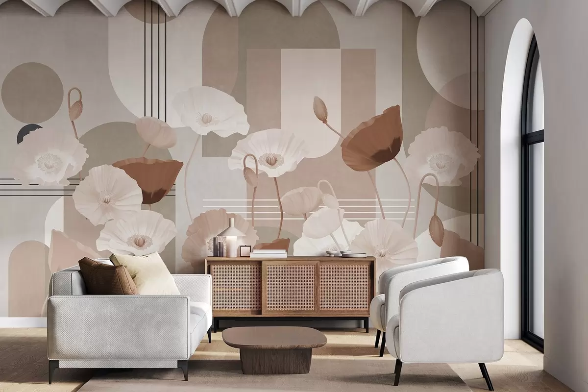 Papier peint Coquelicots en blanc et beige avec des formes géométriques en arrière-plan, des cercles et des arcs, style minimaliste, couleurs douces w09289