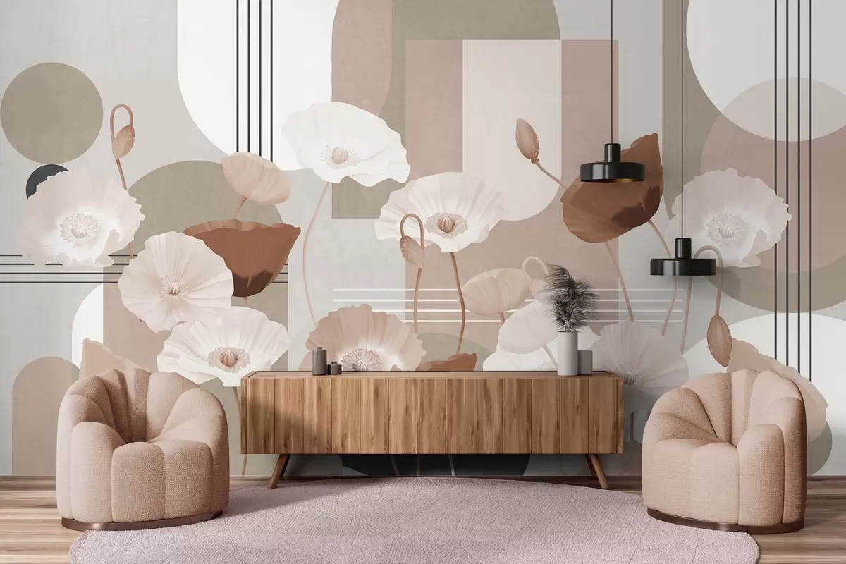 Papier peint Coquelicots en blanc et beige avec des formes géométriques en arrière-plan, des cercles et des arcs, style minimaliste, couleurs douces w09289