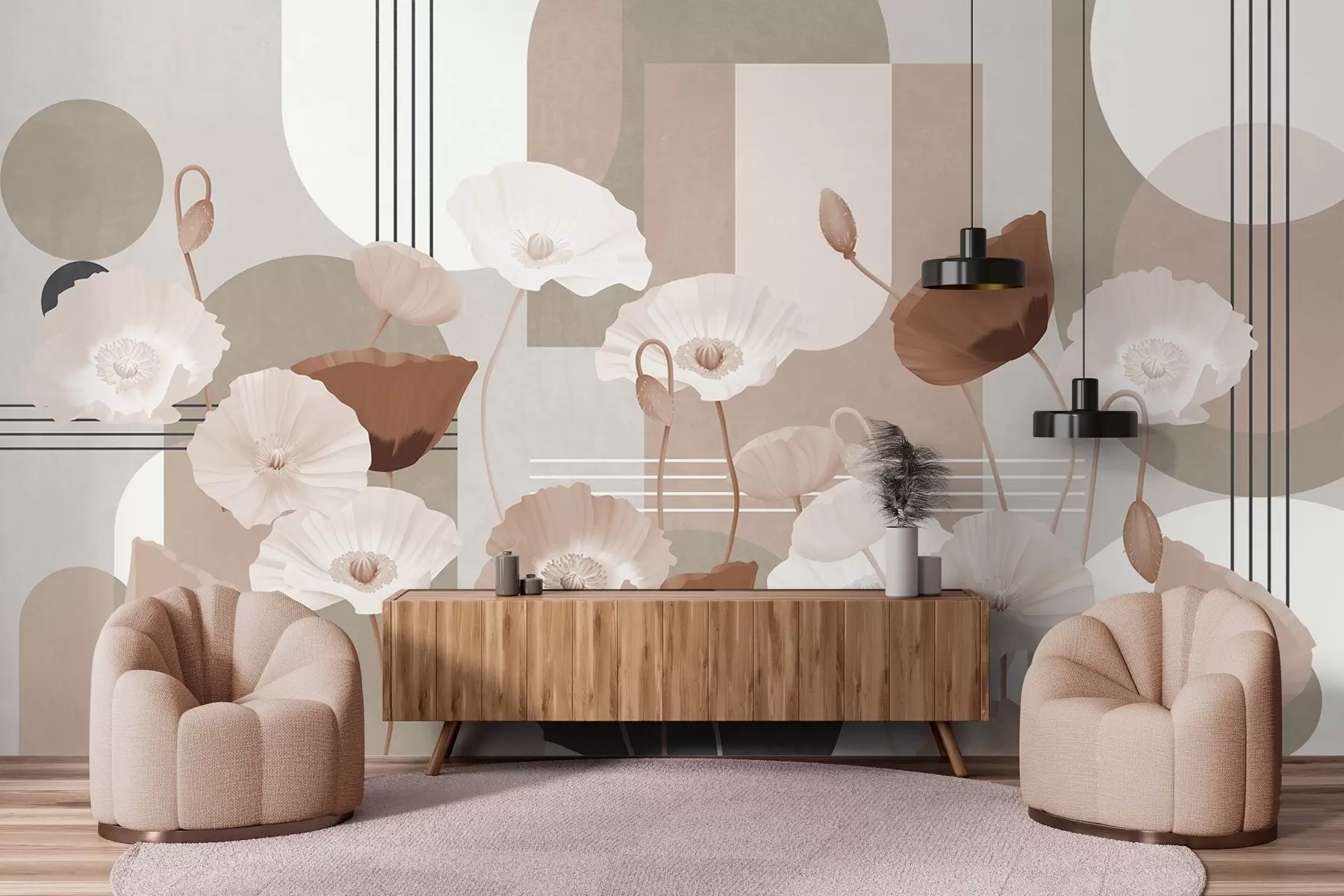Papier peint Coquelicots en blanc et beige avec des formes géométriques en arrière-plan, des cercles et des arcs, style minimaliste, couleurs douces w09289