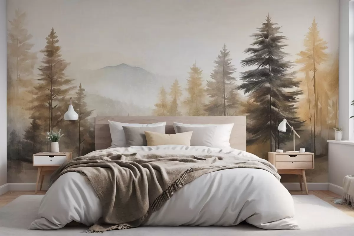 Papier peint Forêt d'automne texturée avec de grands pins et des montagnes en arrière-plan. Les couleurs sont sourdes et terreuses w09290