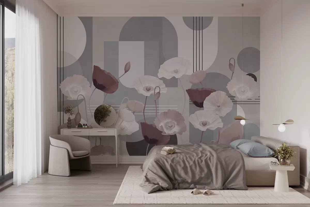 Papier peint Coquelicots en blanc et gris avec des formes géométriques en arrière-plan, des cercles et des arcs, style minimaliste, couleurs douces w09289v1