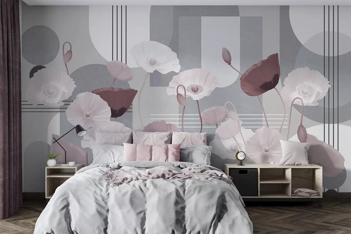 Papier peint Coquelicots en blanc et gris avec des formes géométriques en arrière-plan, des cercles et des arcs, style minimaliste, couleurs douces w09289v1