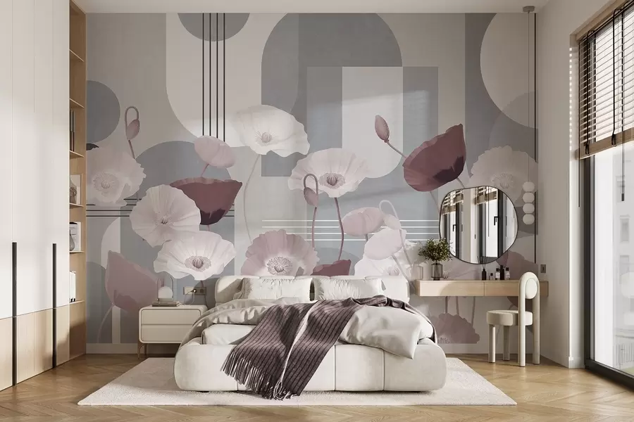Papier peint Coquelicots en blanc et gris avec des formes géométriques en arrière-plan, des cercles et des arcs, style minimaliste, couleurs douces w09289v1