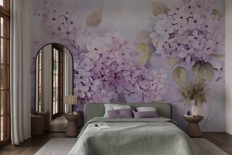 Papier peint Fleurs texturées lilas avec pétales violet clair, feuilles vert clair, style aquarelle, couleurs douces et pastel, coups de pinceau délicats w09291