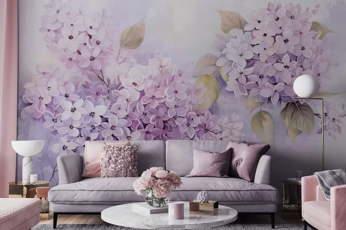 Papier peint Fleurs texturées lilas avec pétales violet clair, feuilles vert clair, style aquarelle, couleurs douces et pastel, coups de pinceau délicats w09291