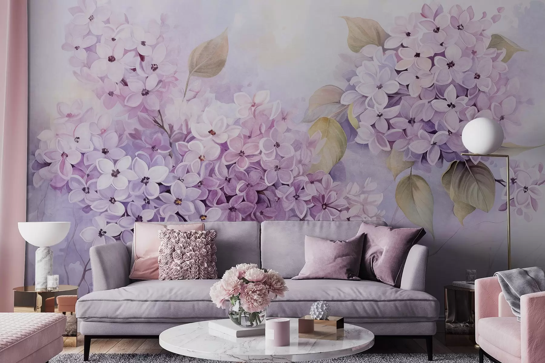 Papier peint Fleurs texturées lilas avec pétales violet clair, feuilles vert clair, style aquarelle, couleurs douces et pastel, coups de pinceau délicats w09291