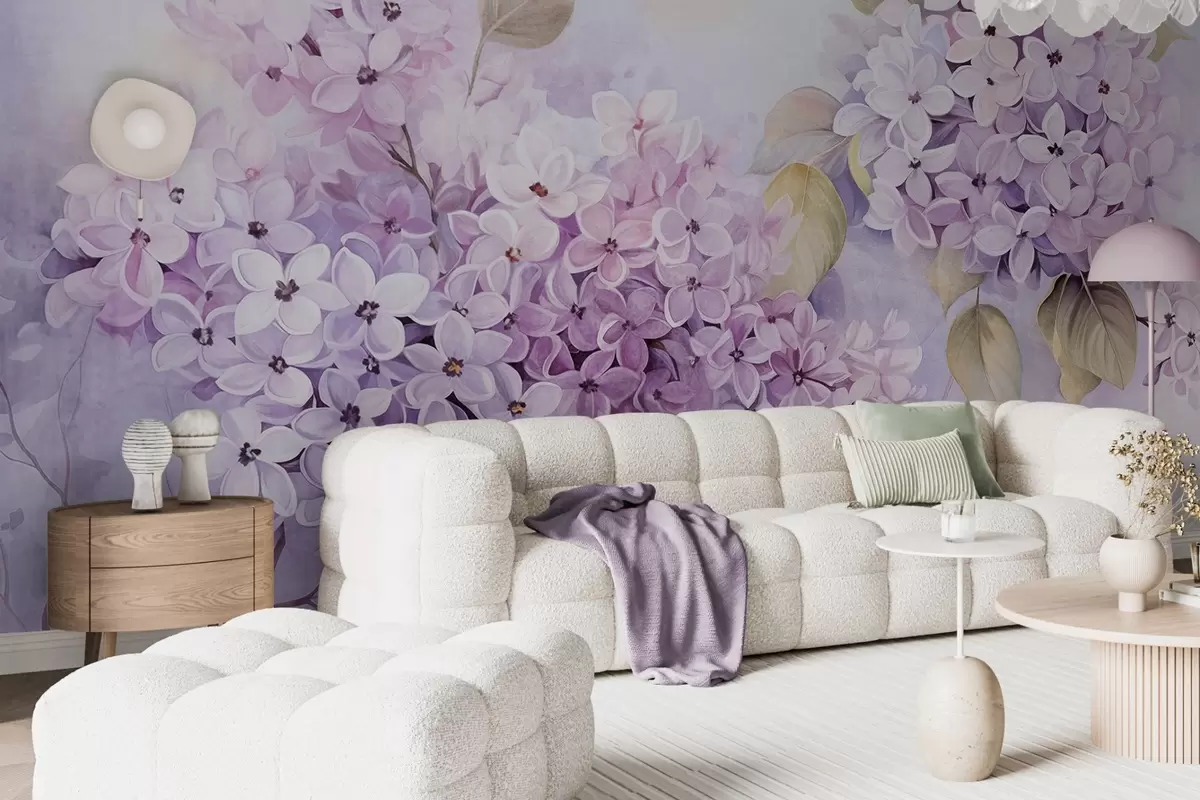 Papier peint Fleurs texturées lilas avec pétales violet clair, feuilles vert clair, style aquarelle, couleurs douces et pastel, coups de pinceau délicats w09291