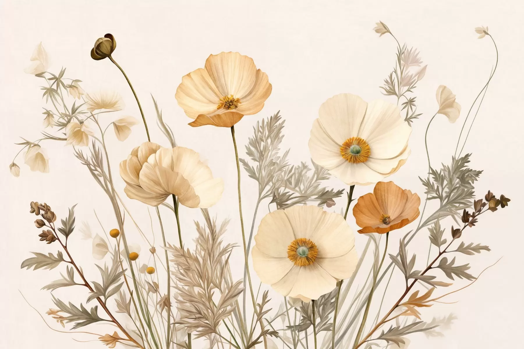 Papier peint Coquelicots vintage texturés orange et blancs avec tiges et feuilles fines, fond beige clair, style aquarelle w09293