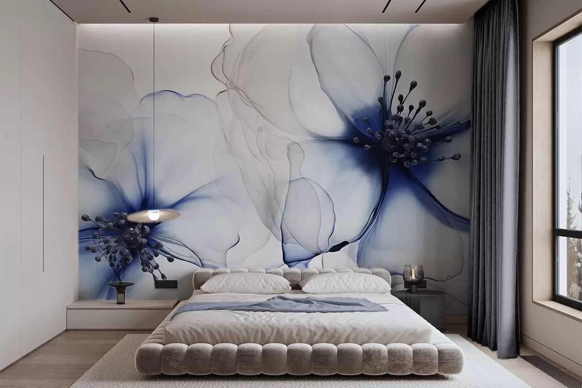 Papier peint Deux fleurs bleues translucides texturées avec des étamines visibles, des pétales délicats qui se chevauchent et une texture douce et fluide w09295v1