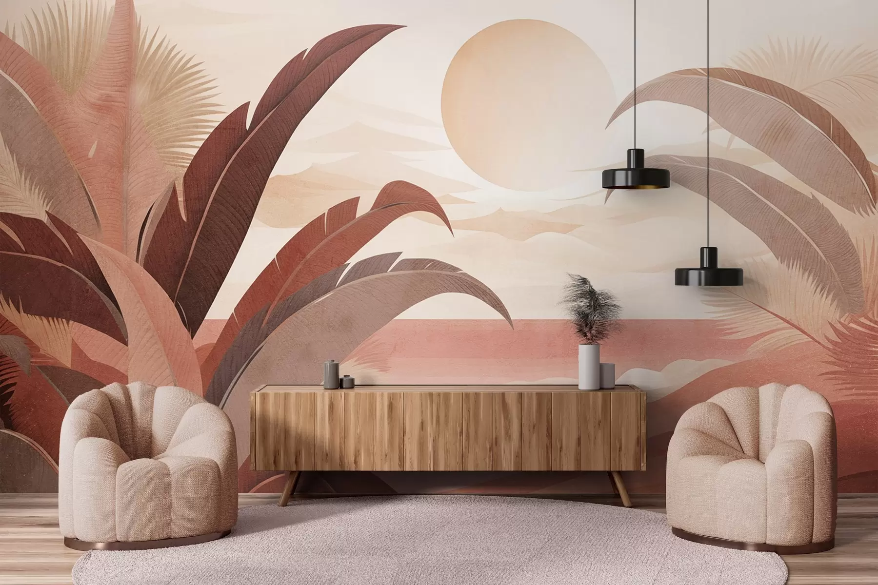 Papier peint Paysage abstrait tropical texturé avec des feuilles de palmier et un grand soleil dans le ciel, palette de couleurs chaudes, style minimaliste, stylisé w09296