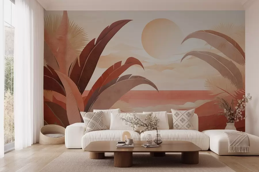 Papier peint Paysage abstrait tropical texturé avec des feuilles de palmier et un grand soleil dans le ciel, palette de couleurs chaudes, style minimaliste, stylisé w09296