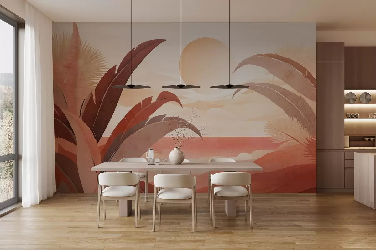 Papier peint Paysage abstrait tropical texturé avec des feuilles de palmier et un grand soleil dans le ciel, palette de couleurs chaudes, style minimaliste, stylisé w09296