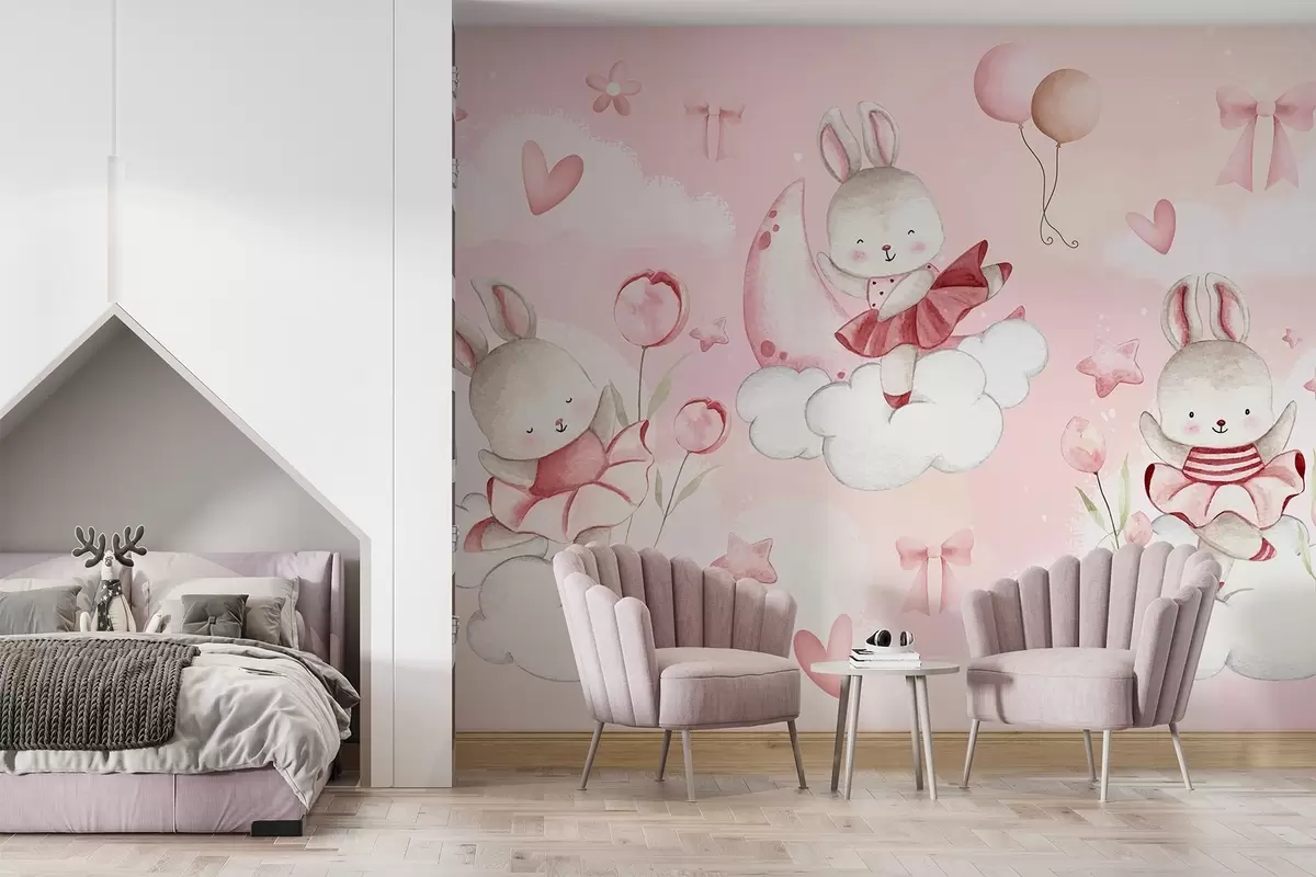 Papier peint Lapins en robes de ballet roses sur des nuages w04333