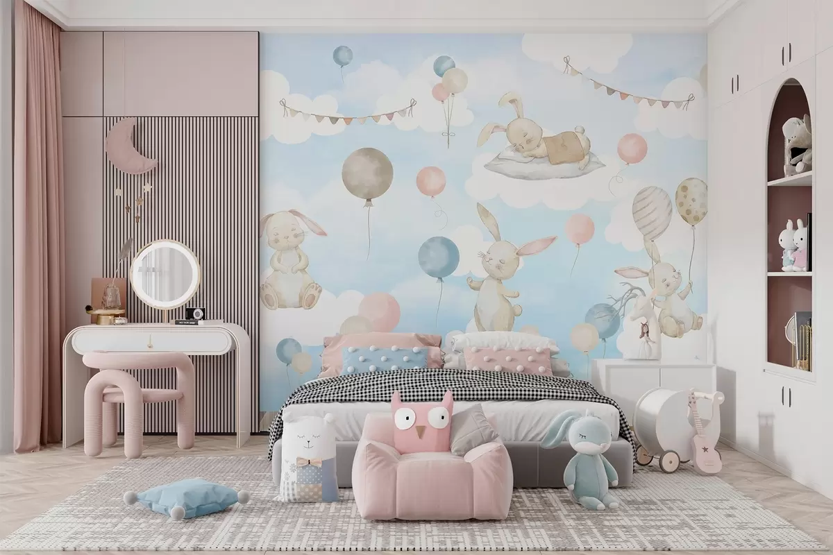 Papier peint Lapins avec des ballons sur des nuages w04337