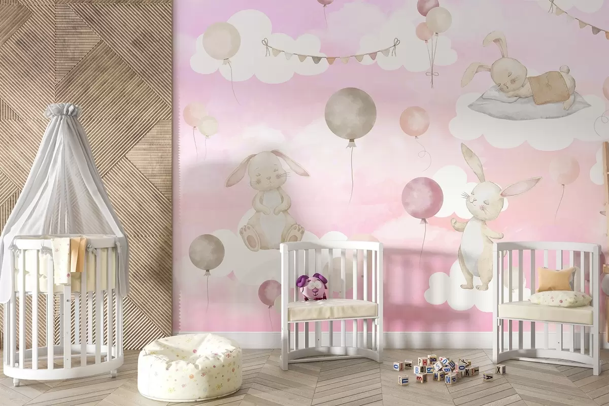 Papier peint Lapins avec des ballons sur des nuages w04337v1