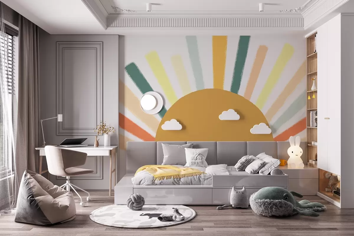 Papier peint Soleil abstrait avec rayons colorés w04352