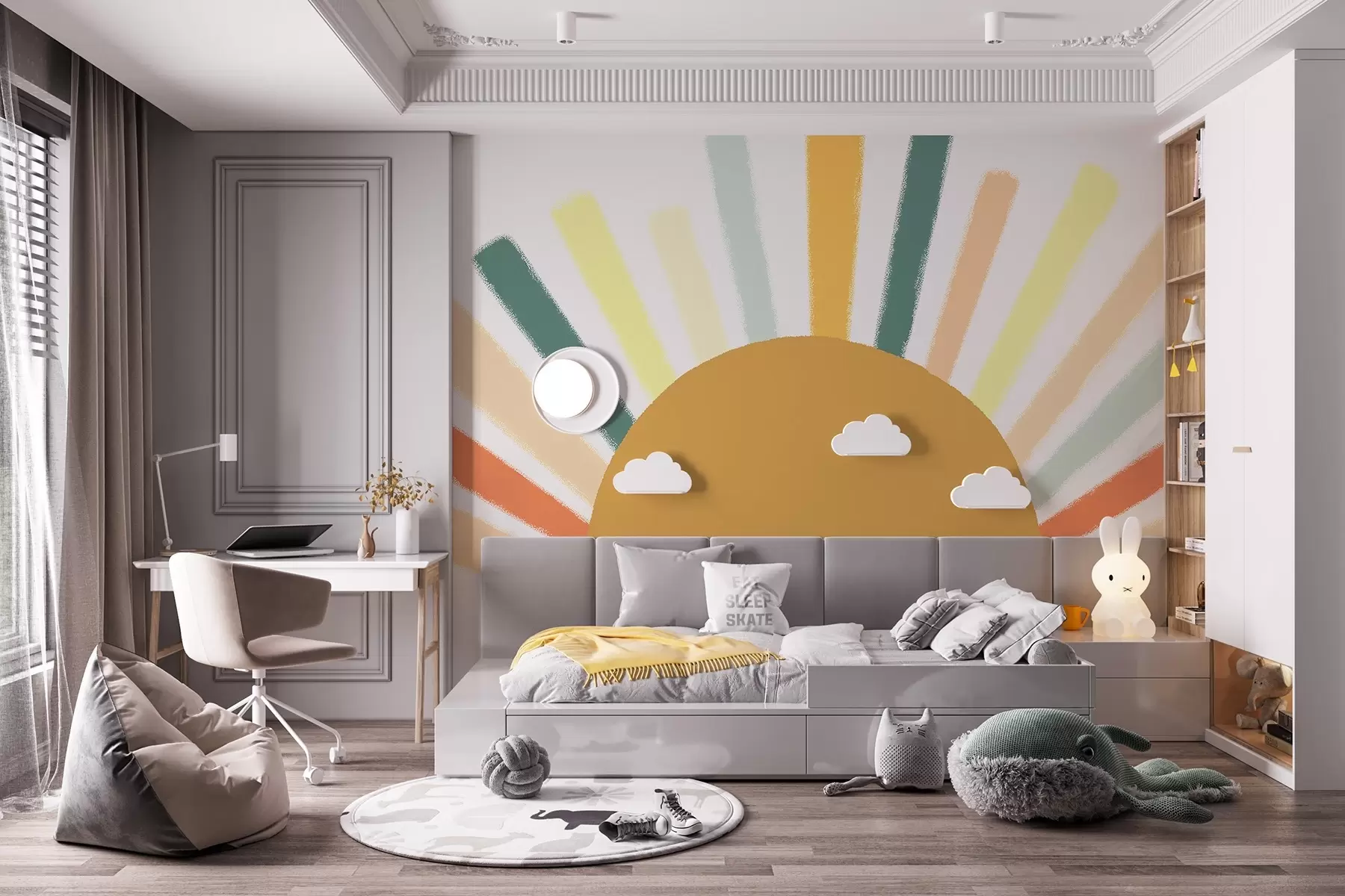 Papier peint Soleil abstrait avec rayons colorés w04352