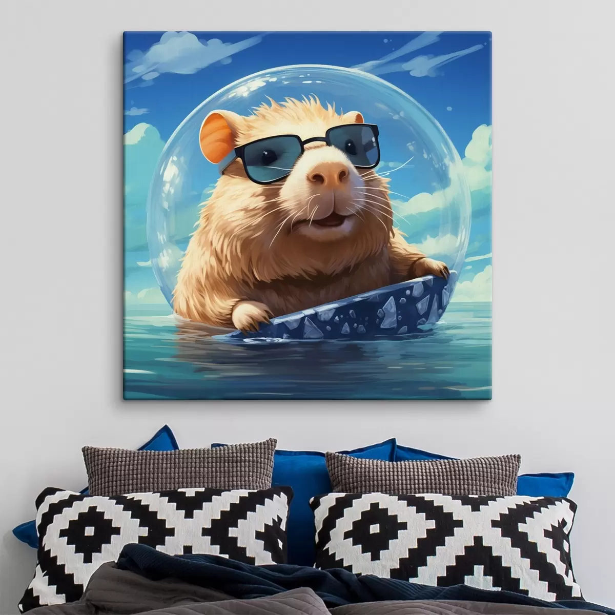 Tableau Capybara joyeux dans une bulle transparente sur l'eau s45029
