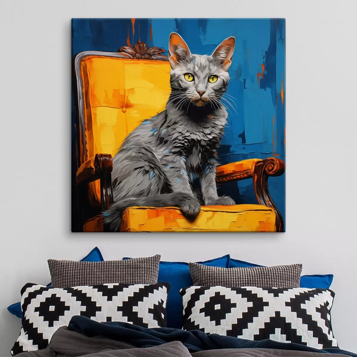 Tableau Portrait artistique de chat sur fond bleu s45030