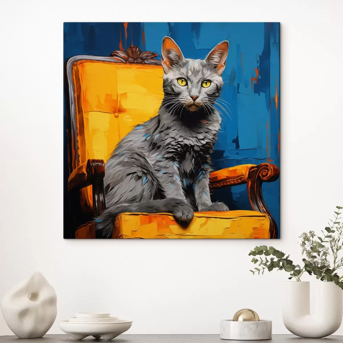 Tableau Portrait artistique de chat sur fond bleu s45030