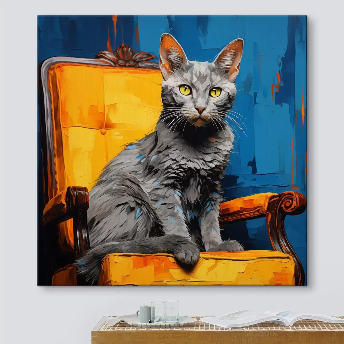 Tableau Portrait artistique de chat sur fond bleu s45030