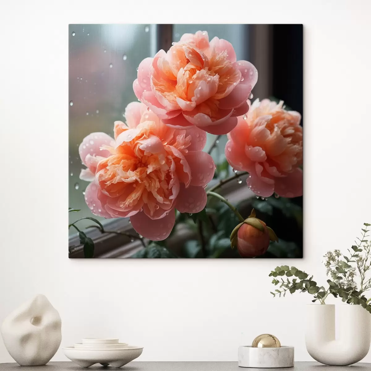 Tableau Trois pivoines avec la rosée dans la lumière du matin s45033