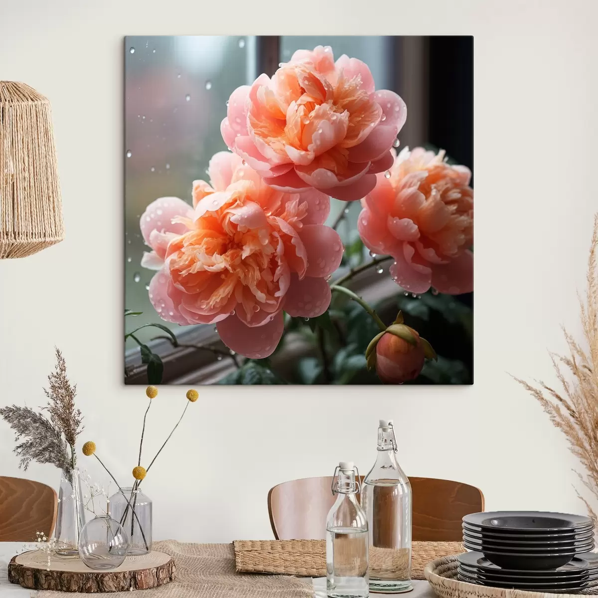 Tableau Trois pivoines avec la rosée dans la lumière du matin s45033