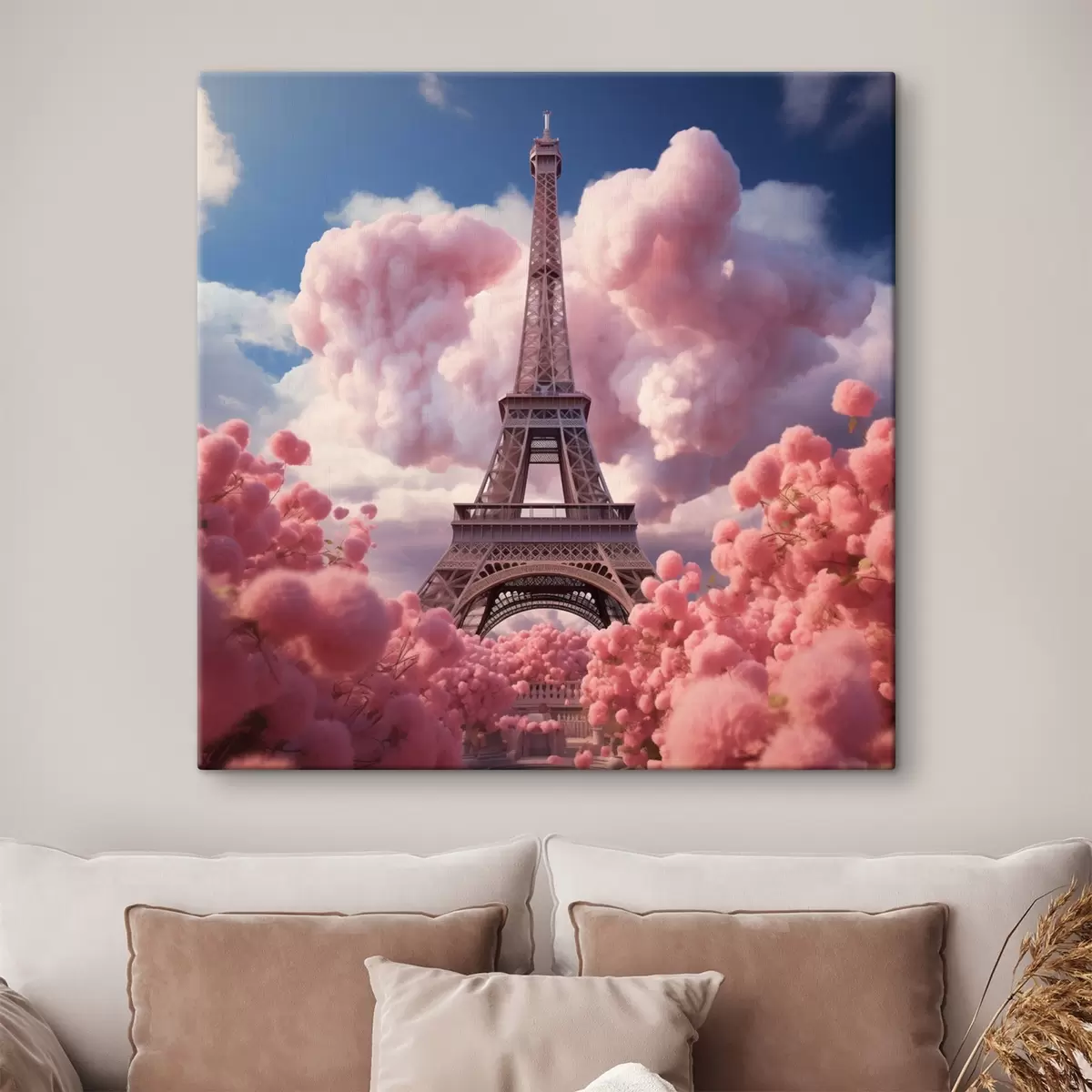 Tableau Tour Eiffel dans des nuages roses en style fantaisiste s45036