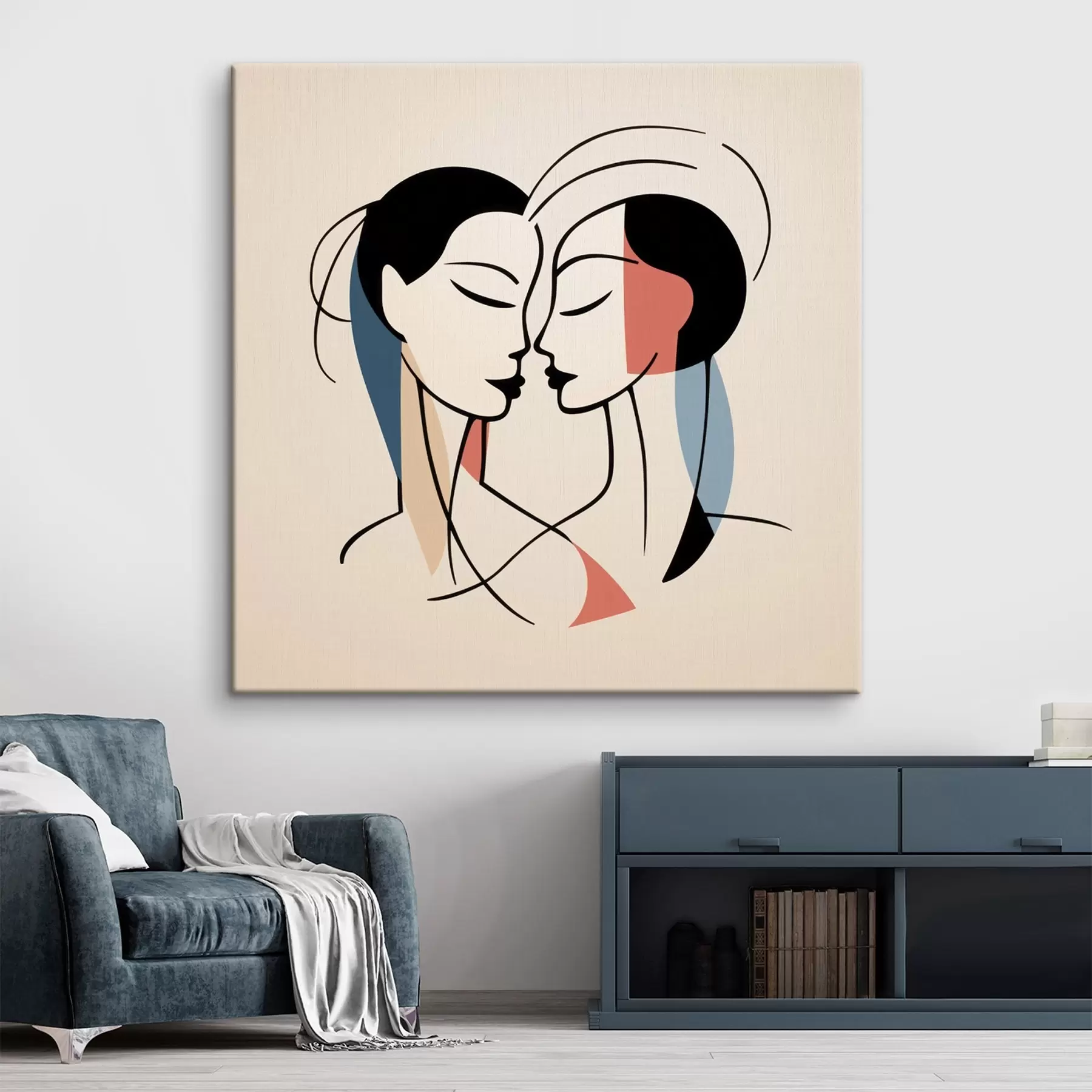 Tableau Deux visages en style abstrait avec des éléments colorés s45037