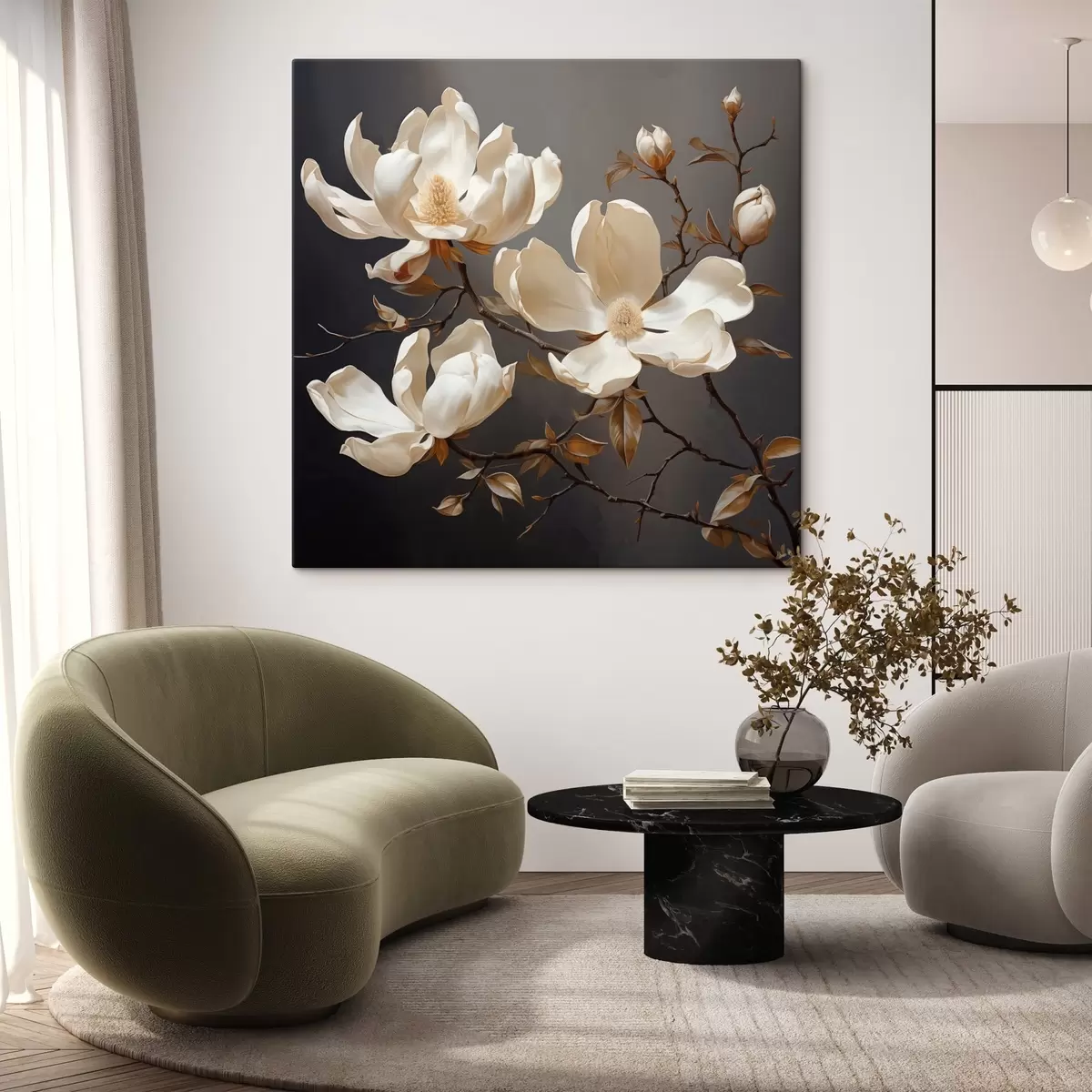 Tableau Magnolias blancs sur fond sombre dans un style pictural s45038