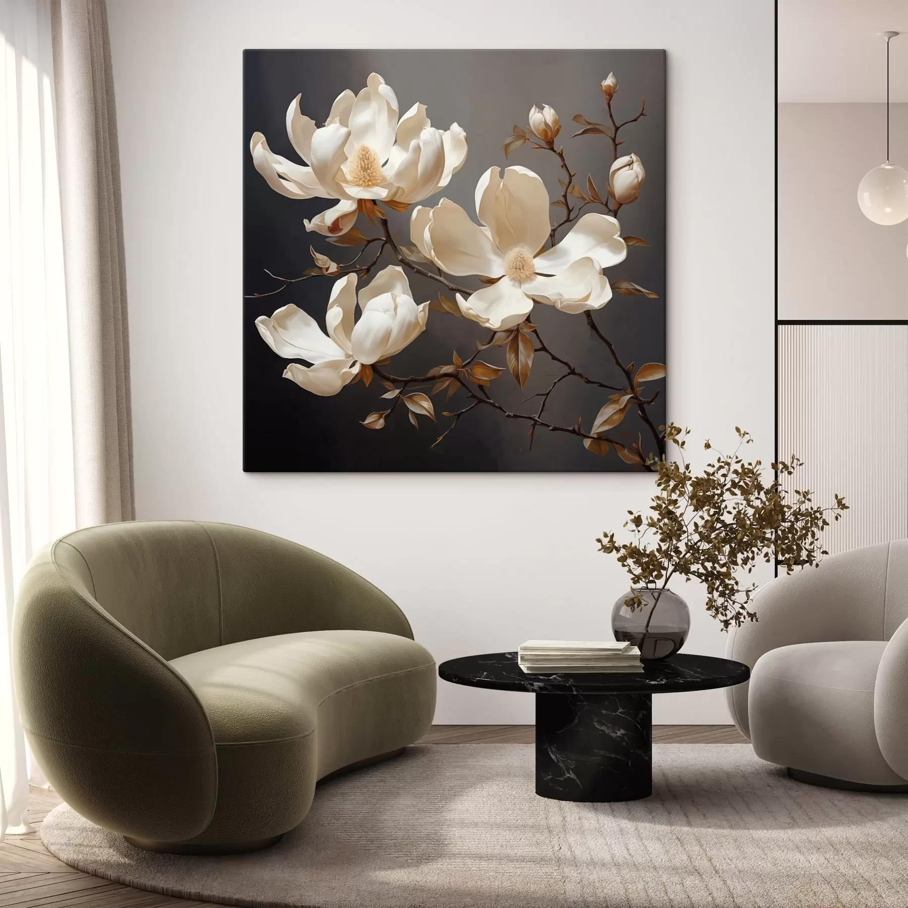 Tableau Magnolias blancs sur fond sombre dans un style pictural s45038
