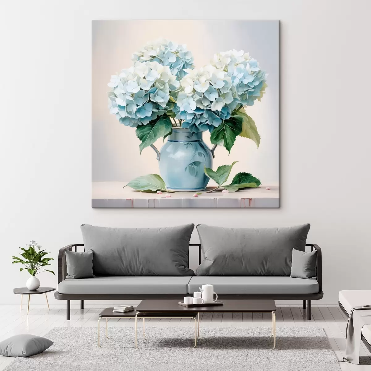 Tableau Hortensias frais dans un vase bleu sur fond clair s45043