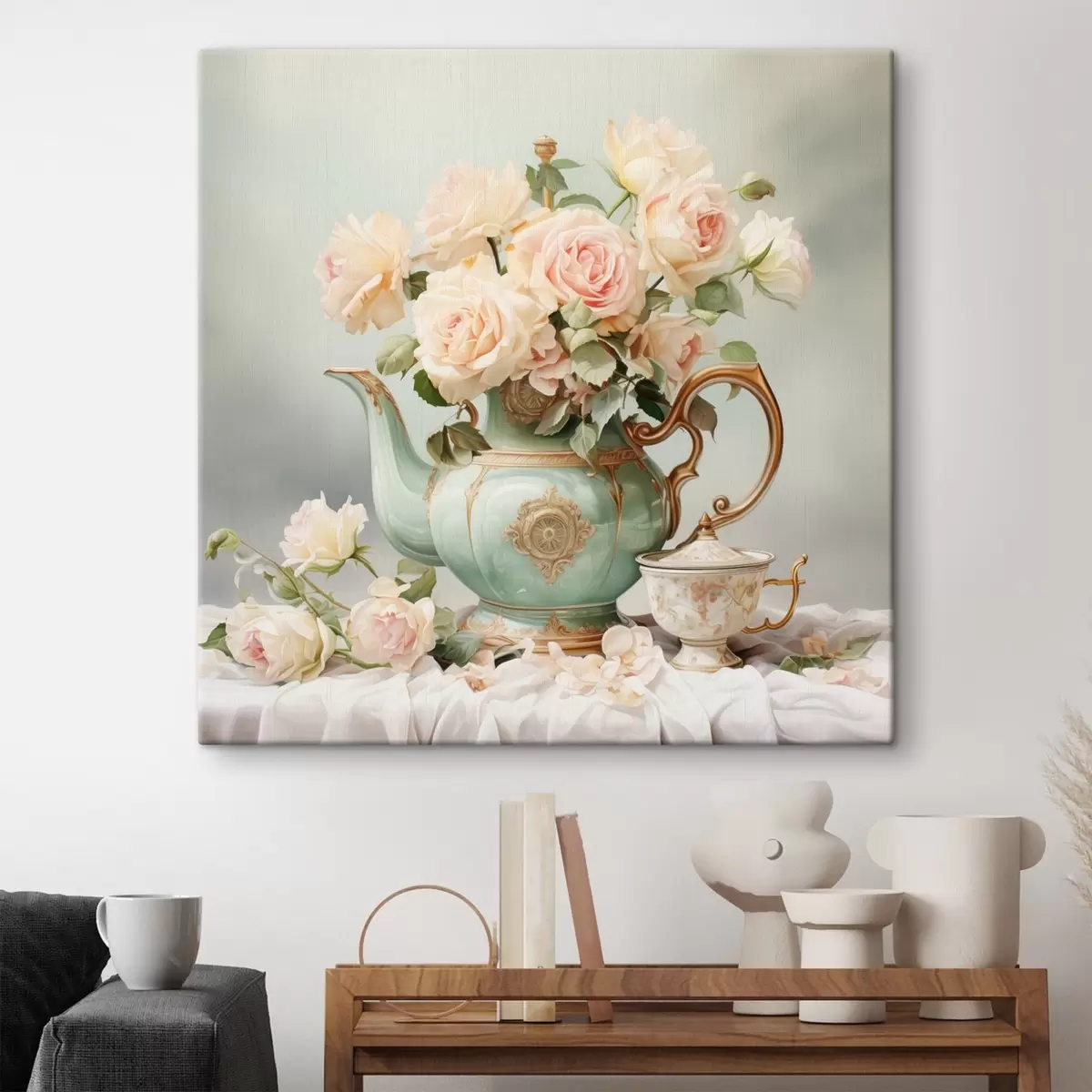 Tableau Nature morte avec des roses délicates dans un service à thé s45045